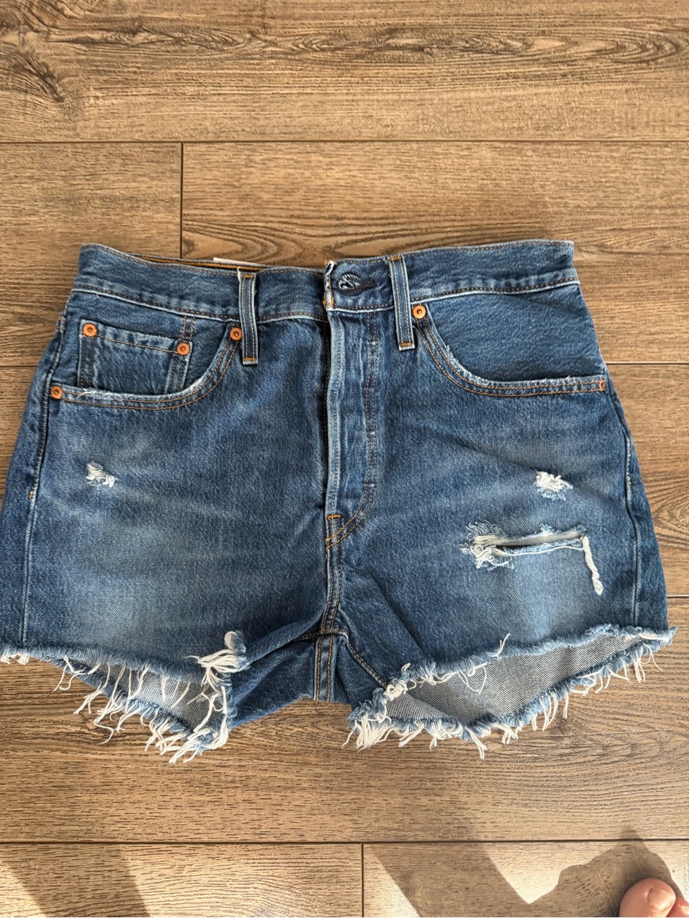 Levi's 501 Distressed Dark Blue High-Rise Denim Shorts